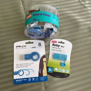 Blue 8GB USB Flash Drive set of 2 new in package and box of binder clips